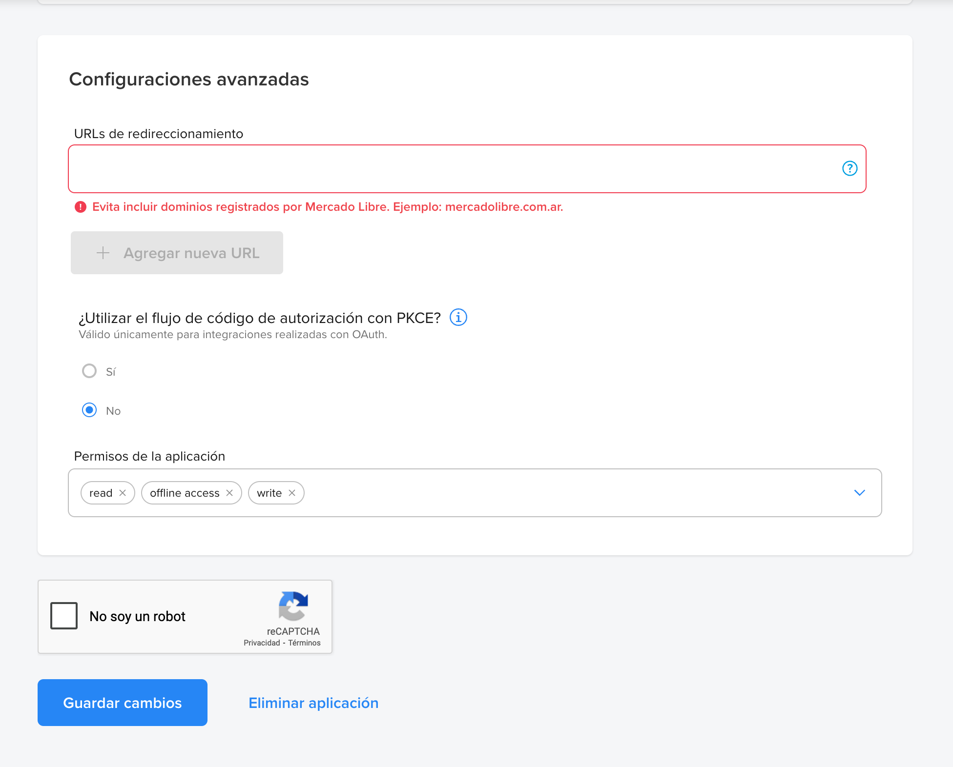 Pantalla de edición de datos de la integración